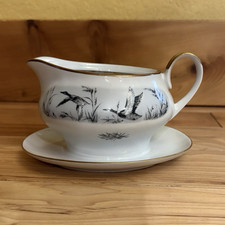 Vintage White Porcelain Gravy Boat with White Lace Scroll Border and Platinum Trim