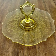 Yellow (Topaz) Depression Glass Console Bowl, Etched Floral Scroll Pattern, 11 inch — listing 3