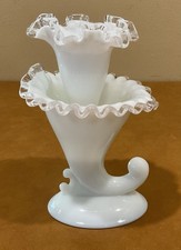 Fenton Custard Silver Crest Cornucopia Vase, 5 inches tall (Uranium Glass)
