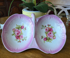 Antique Victorian Hand-Painted Porcelain Three-Section Leaf-Form Sweetmeat / Divided Serving Dish with Center Twist Handle — listing 5