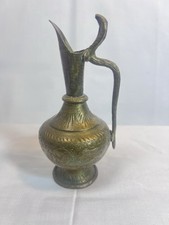 Indian brass ewer Vintage Indian Etched Brass Aftaba Ewer Pitcher with Hinged Lid — listing 3