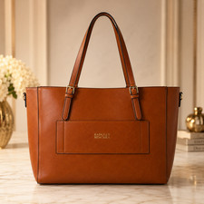 Badgley Mischka Black & Cognac Leather Winged Satchel Tote with Zip Expansion Gussets