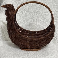 Carved Wood Rooster Head & Tail Woven Rattan Storage Basket