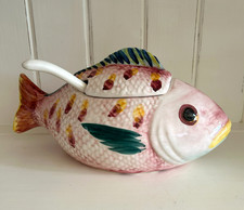 Figural Fish Soup Tureen with Lid, Pink/Mauve Majolica-Style Ceramic — listing 4