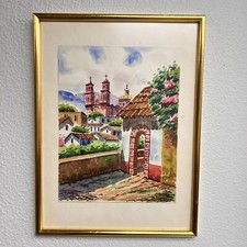 Original Watercolor Painting of Mexican Church Scene with Figures in Sombreros — listing 2