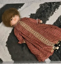 Vintage Porcelain Collector Doll with Red Braids in Green Calico Dress and Eyelet Pinafore — listing 4