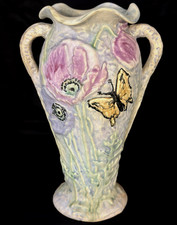 Weller Silvertone Two-Handled Vase with Yellow Floral Motif, 8.25 in, listing 4
