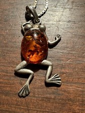 Silver-Tone Figural Frog Pendant Necklace with Faux Amber Cabochon on Black Organza Ribbon Cord