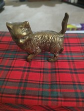 Vintage Solid Brass Cat Figurine with Arched Back and Raised Tail