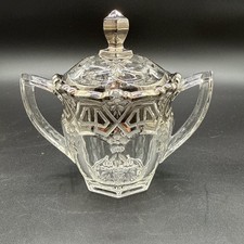 Vintage Pressed Glass Sugar Bowl / Ice Bowl with Scalloped Base and Metal Tongs — listing 2