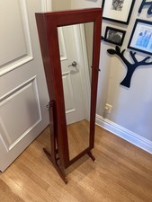White Standing Jewelry Armoire with Flip-Top Mirror, Side Doors, and 5 Drawers