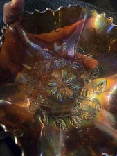 Marigold Carnival Glass Berry Bowl Set - Master Bowl with Small Serving Bowls, Scalloped Rim with Starburst Base — listing 2