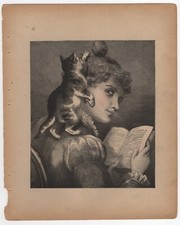 Vintage Victorian-Style Hand-Colored Etching Print of Young Woman in Garden, Carved Wood Frame with Linen Mat — listing 4