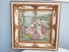 Antique Miniature Framed Tapestry, Children on Garden Bench Scene, 9.75x9.75 inches — listing 3