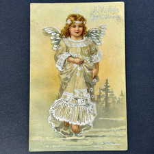 Antique Edwardian Embossed 'A Merry Christmas' Postcard with Silk Poinsettia and Bell, Framed — listing 3