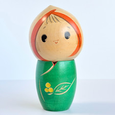 Pair of Japanese Sosaku Kokeshi Doll Heads / Turned Wood Lidded Boxes with Hand-Painted Floral Motif Solid with a peg hole — listing 5