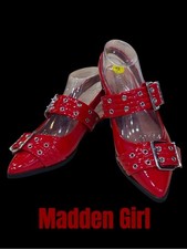 Red Patent Leather Pointed-Toe Grommet Buckle Slingback Flats, Size 39