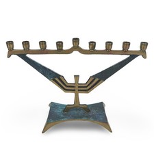 Vintage Israeli Brass Hanukkah Menorah with Twelve Tribes Motif and Ivy Scrollwork — listing 3