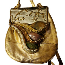 Vintage 1980s Multi-Color Striped Metallic Gold Leather Crossbody Handbag with Mirror — listing 2