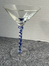 Art Glass Martini Cocktail Glass with Cobalt Blue Controlled-Bubble Ball Stem — listing 3