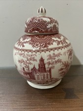 Red/Brown Transferware Lidded Canister with Scenic Architectural & Floral Pattern — listing 3