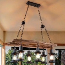 Vintage 8-Light Wood-Arm Chandelier with Amber Tulip Glass Shades — listing 2