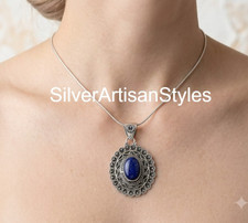Sterling Silver Bezel-Set Oval Lapis Lazuli Pendant on 21" Sterling Rolo Chain — listing 6