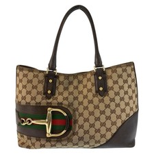 Canvas and Leather Tote Handbag with Horsebit / Bamboo Print, Maker Unmarked, listing 5