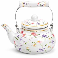 White Enamel Stovetop Tea Kettle with Blue Bird & Tree of Life Design — listing 4