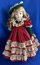 Vintage Porcelain Collector Doll with Red Braids in Green Calico Dress and Eyelet Pinafore — listing 6