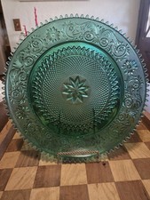 Green Depression Glass Footed Bowl / Console Bowl with Floral Sandwich Pattern — listing 2