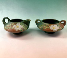 Roseville White Rose Two-Handled Vase in Pink/Green