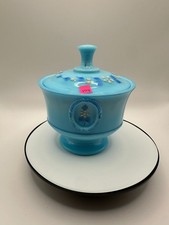 Blue Milk Glass Covered Candy Dish with Acorn Finial and Beaded Rim, Footed No marks visible