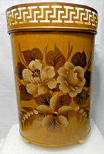 Vintage Toleware Hand-Painted Floral Metal Wastebasket with Reticulated Rim — listing 4