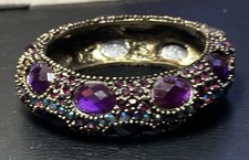 Costume Jewelry Silver-Tone Hinged Cuff Bracelet with Yellow and Green Faceted Cabochons and Blue Rhinestones — listing 5