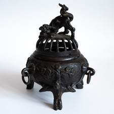 Antique Japanese Bronze Koro Incense Burner with Shishi (Foo Dog) Finial and Gilt Accents — listing 5