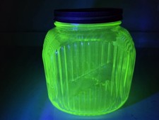 Vintage Uranium Green Glass Square Hoosier Canister Jar with Green Metal Lid — listing 6