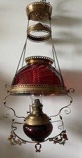 Antique Victorian Cranberry Glass Hanging Hall Lamp with Brass Font and Ceiling Canopy
