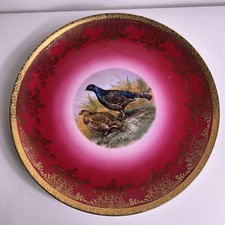 Antique Porcelain Game Bird Platter with Hand-Colored Pheasant Transfer, Embossed Scroll Rim, Gilt Trim — listing 4