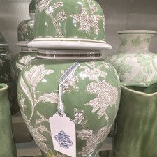 Green Glazed Ceramic Lidded Ginger Jar with Incised Floral Band and Finial — listing 3