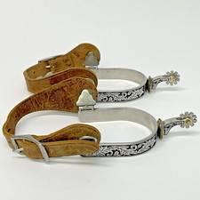 Pair of Vintage Hand-Engraved Western Riding Spurs with Silver-Toned Bands and Rowels — listing 5