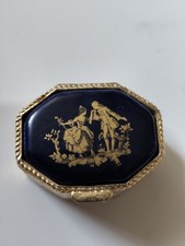Vintage Limoges-Style Round Pill Box with Black & Gold Fragonard Courting Couple Porcelain Plaque — listing 3