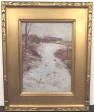Original Oil Painting Winter Landscape with Cottages and Pond, Signed W. Newman