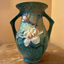 Vintage Art Pottery Two-Handled Vase with Embossed Pinecone/Foliage Design, Brown-to-Green Glaze — listing 5