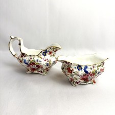 Bone China Creamer with Crimson and Gold Floral Band — listing 3