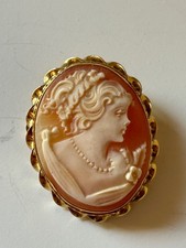 Antique Victorian Shell Cameo Mourning Brooch with Photo Locket Back, Gilt Metal Frame with Etruscan Bead Detail — listing 6