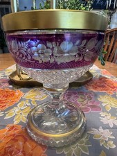 Cut Crystal Compote Bowl on Ornate Cast Metal Pedestal Base with Hanging Prisms — listing 3