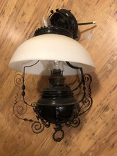 Antique Victorian Brass Hanging Oil Lamp (Electrified) with White Milk Glass Dome Shade — listing 4