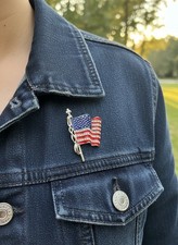 Rhinestone American Flag Lapel Pin, Pave-Set Red White & Blue Crystals — listing 6