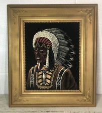 Vintage Velvet Painting of Native American Chief in Feather Headdress — listing 3